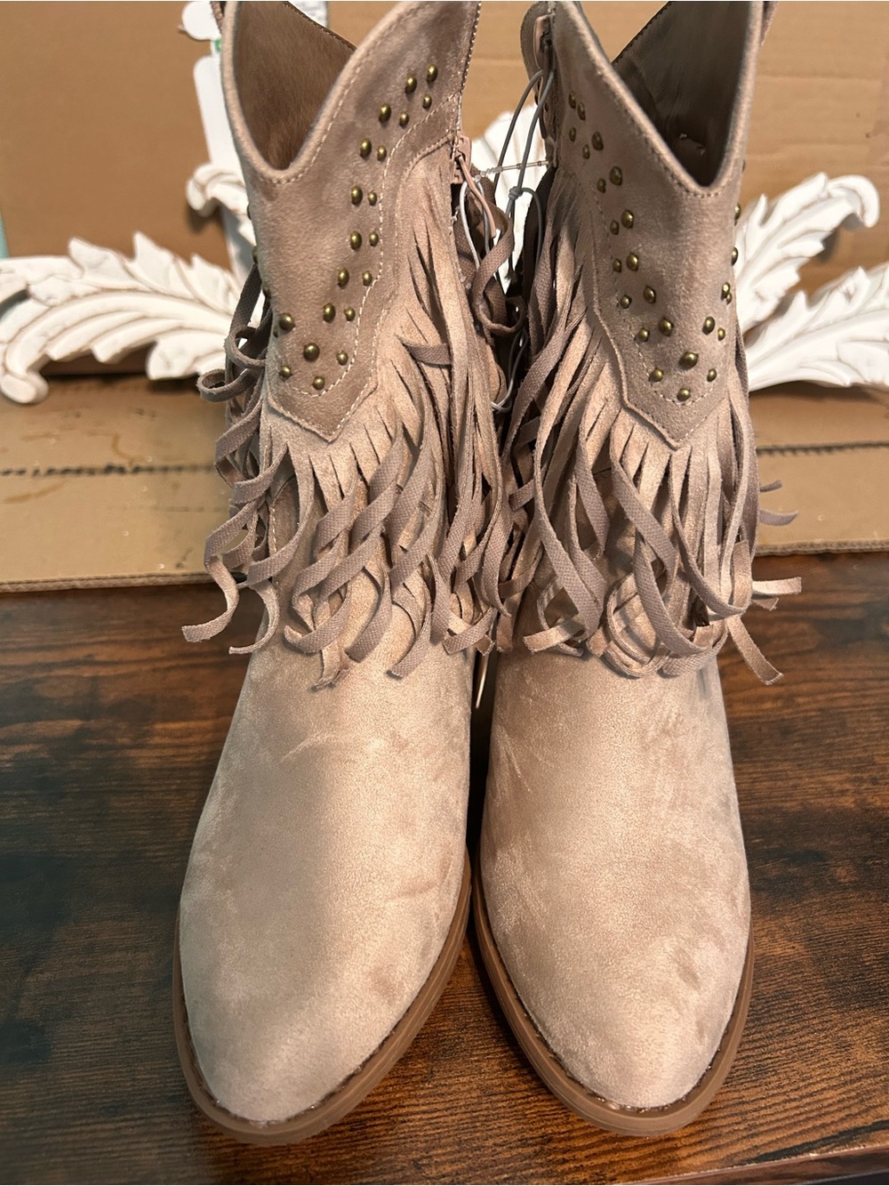 Women's Fringe Suede Ankle Booties in Taupe